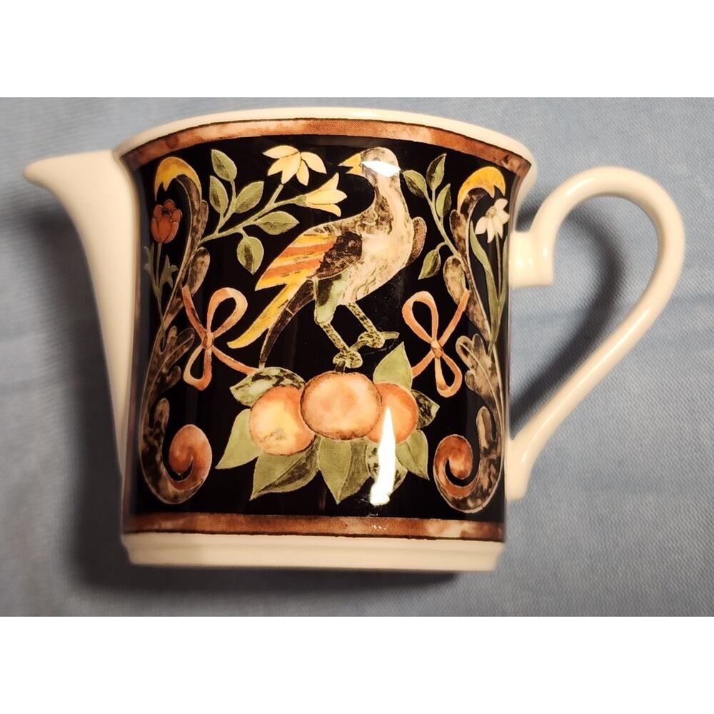 Villeroy & Boch Intarsia Creamer Pitcher Black Floral Bird Vintage Bone China